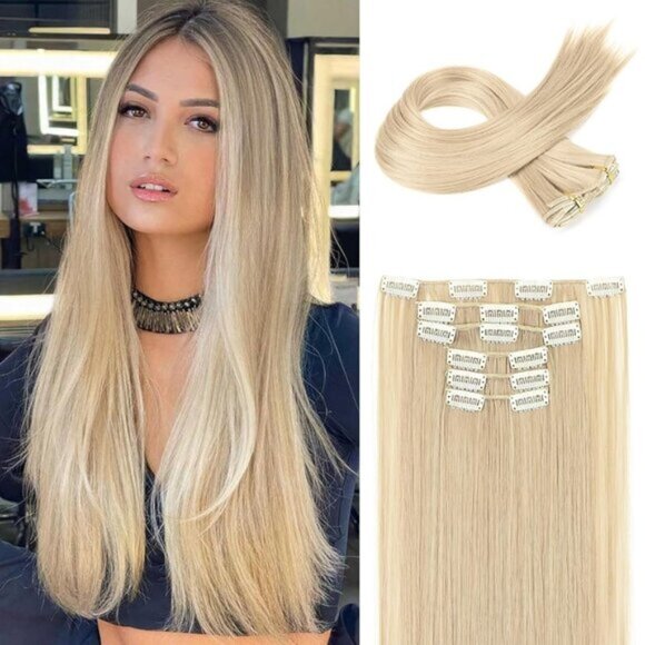 New 6PC Clip-in Hair Extensions 24" Long Straight Synthetic - Ash Blonde